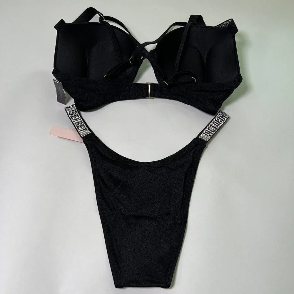 Victoria Secret 34A S Bombshell Push Up Top Bikini Set Shine Strap LOGO Black